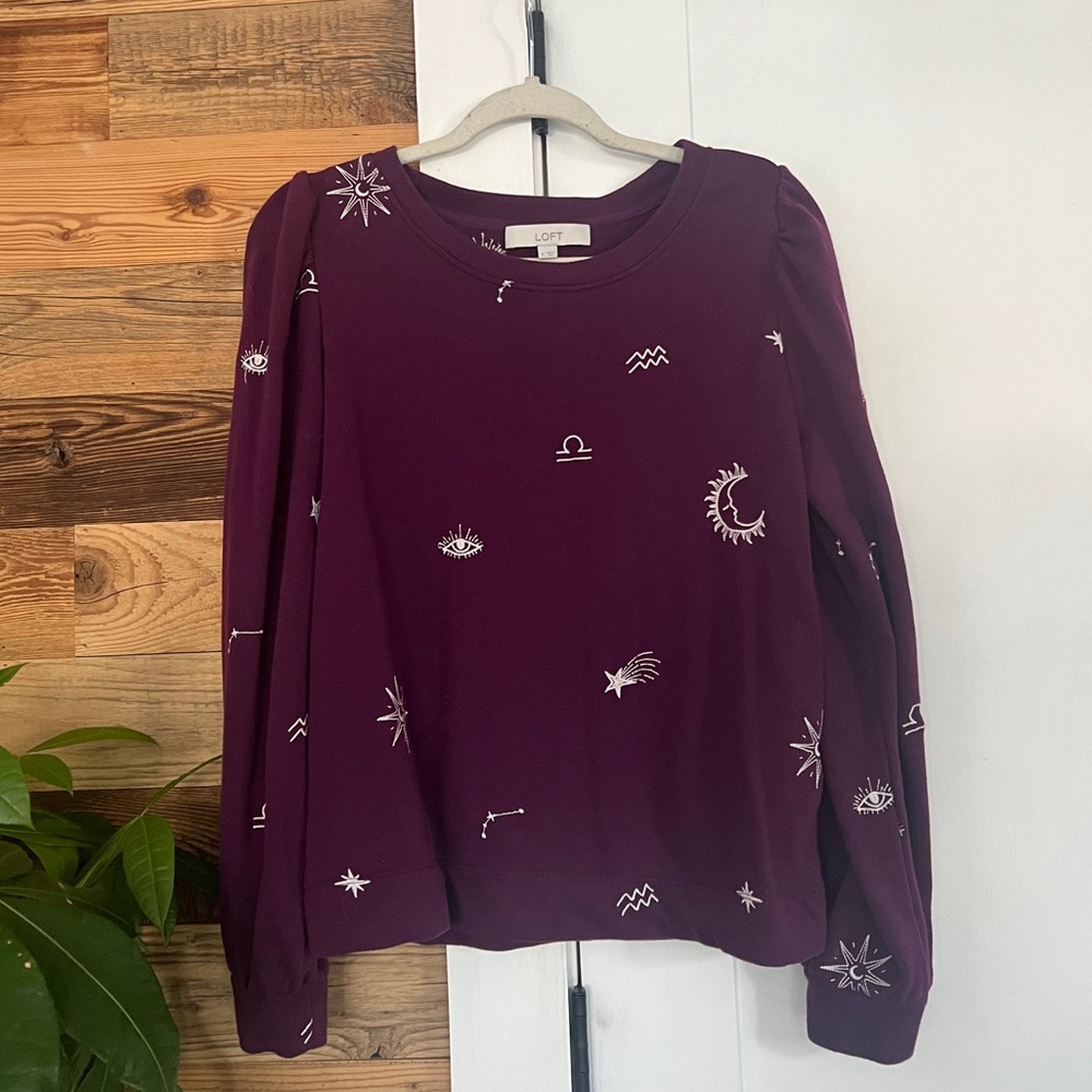 LOFT Embroidered Celestial Deep Purple Puff Sleeve Long Sleeve Top Medium - Picture 2 of 4